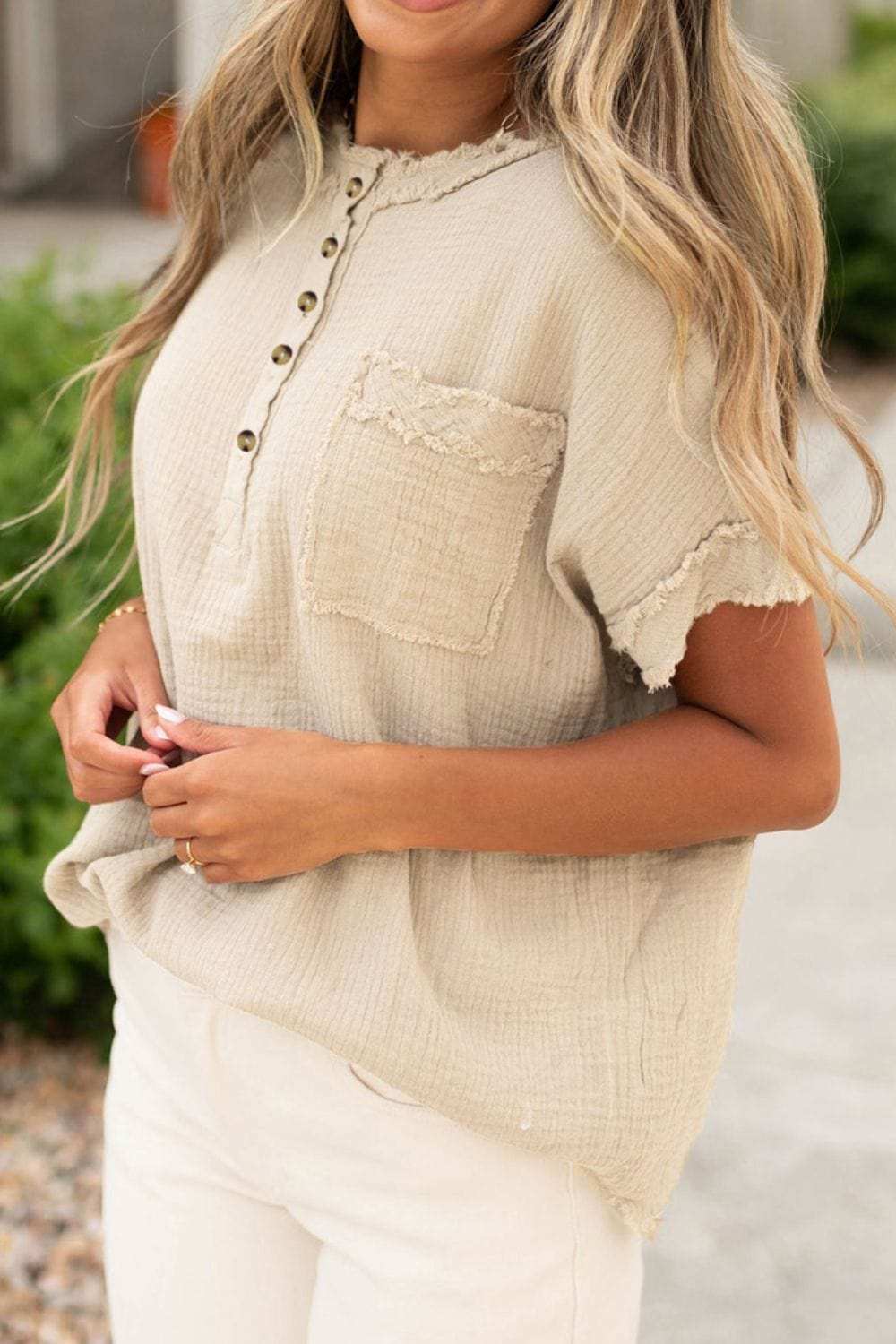 Textured Frayed Trim Half Button Short Sleeve Top - Trendsi - Flyclothing LLC