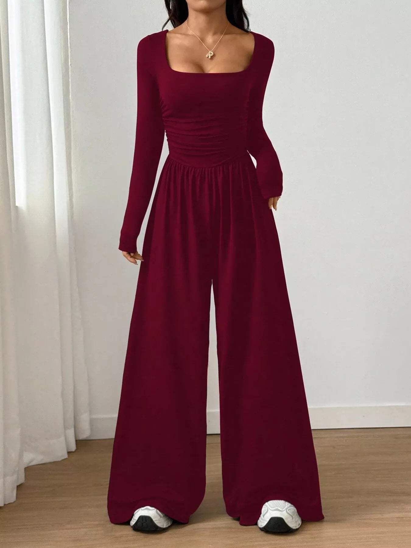 Ruched Square Neck Wide-Leg Jumpsuit - Trendsi - Flyclothing LLC