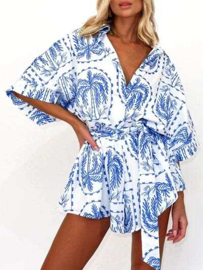 Printed Tie Waist Half Sleeve Romper - Trendsi - Flyclothing LLC