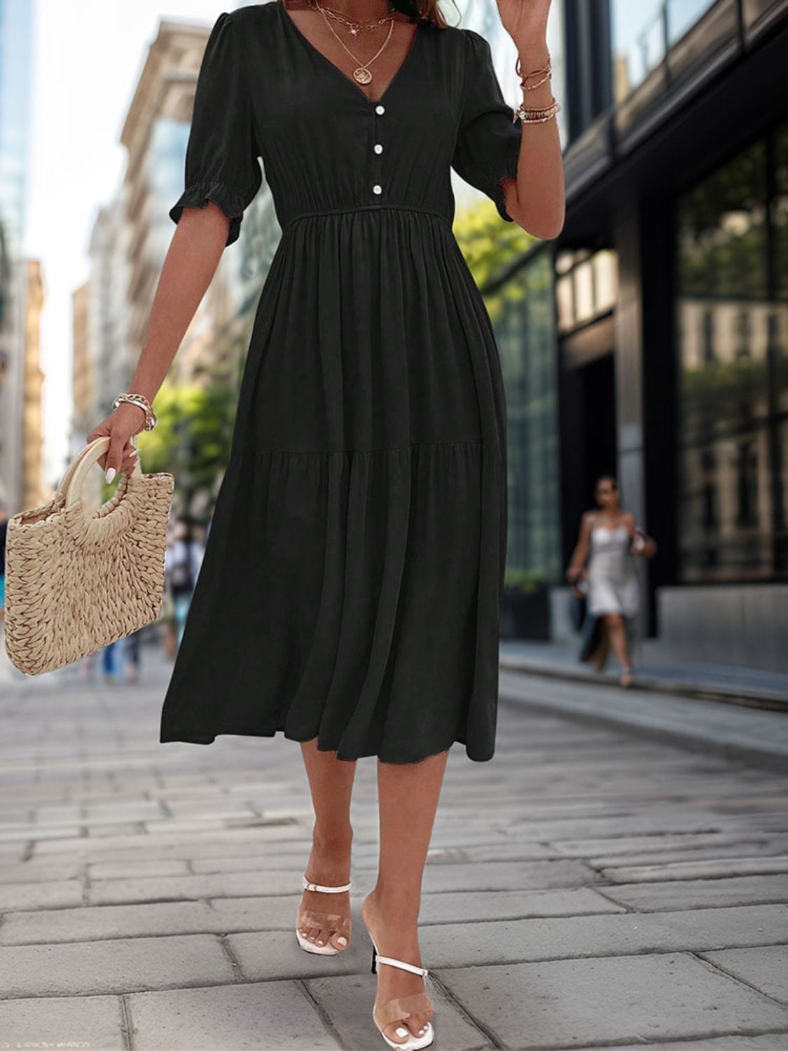 Ruched V-Neck Half Sleeve Midi Dress - Trendsi