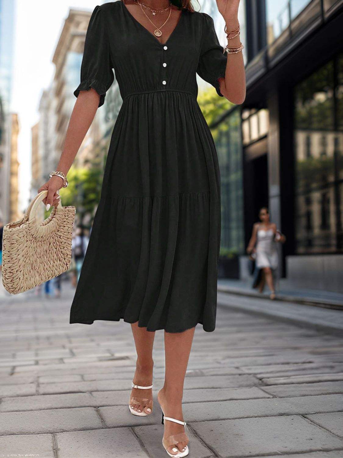 Ruched V-Neck Half Sleeve Midi Dress - Trendsi - Flyclothing LLC