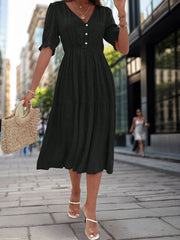 Ruched V-Neck Half Sleeve Midi Dress - Trendsi