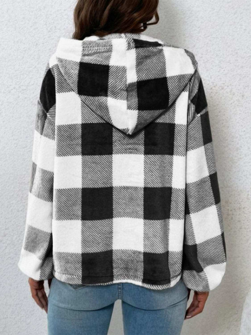 Plaid Half Button Long Sleeve Hoodie - Trendsi - Flyclothing LLC