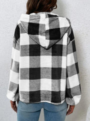 Plaid Half Button Long Sleeve Hoodie - Trendsi