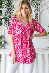 Heimish Full Size Short Sleeve Crisscross Animal Babydoll Top Plus Size - Trendsi - Flyclothing LLC
