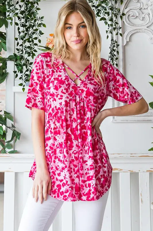 Heimish Full Size Short Sleeve Crisscross Animal Babydoll Top Plus Size - Trendsi - Flyclothing LLC