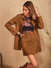 Button Up Collared Neck Jacket and Skirt Set - Trendsi