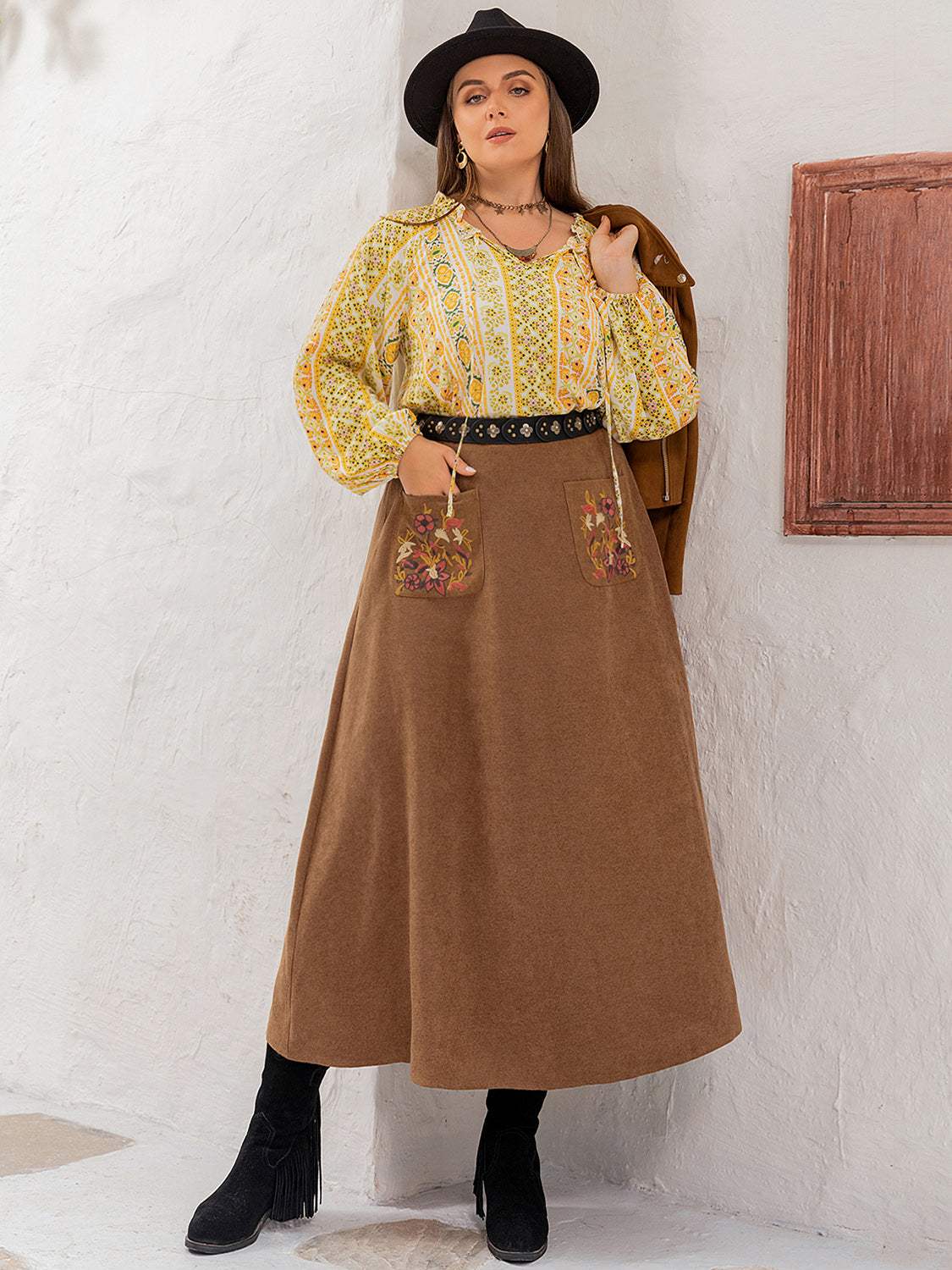 Plus Size Embroidered Pocketed High Waist Skirt - Trendsi - Flyclothing LLC