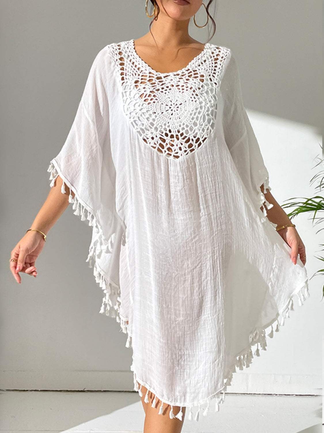 Tassel Cutout Scoop Neck Cover-Up Dress - Trendsi - Flyclothing LLC