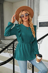 Round Neck Ruffled Peplum Blouse - Trendsi - Flyclothing LLC