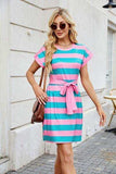 Tied Contrast Striped Short Sleeve Mini Tee Dress - Trendsi - Flyclothing LLC