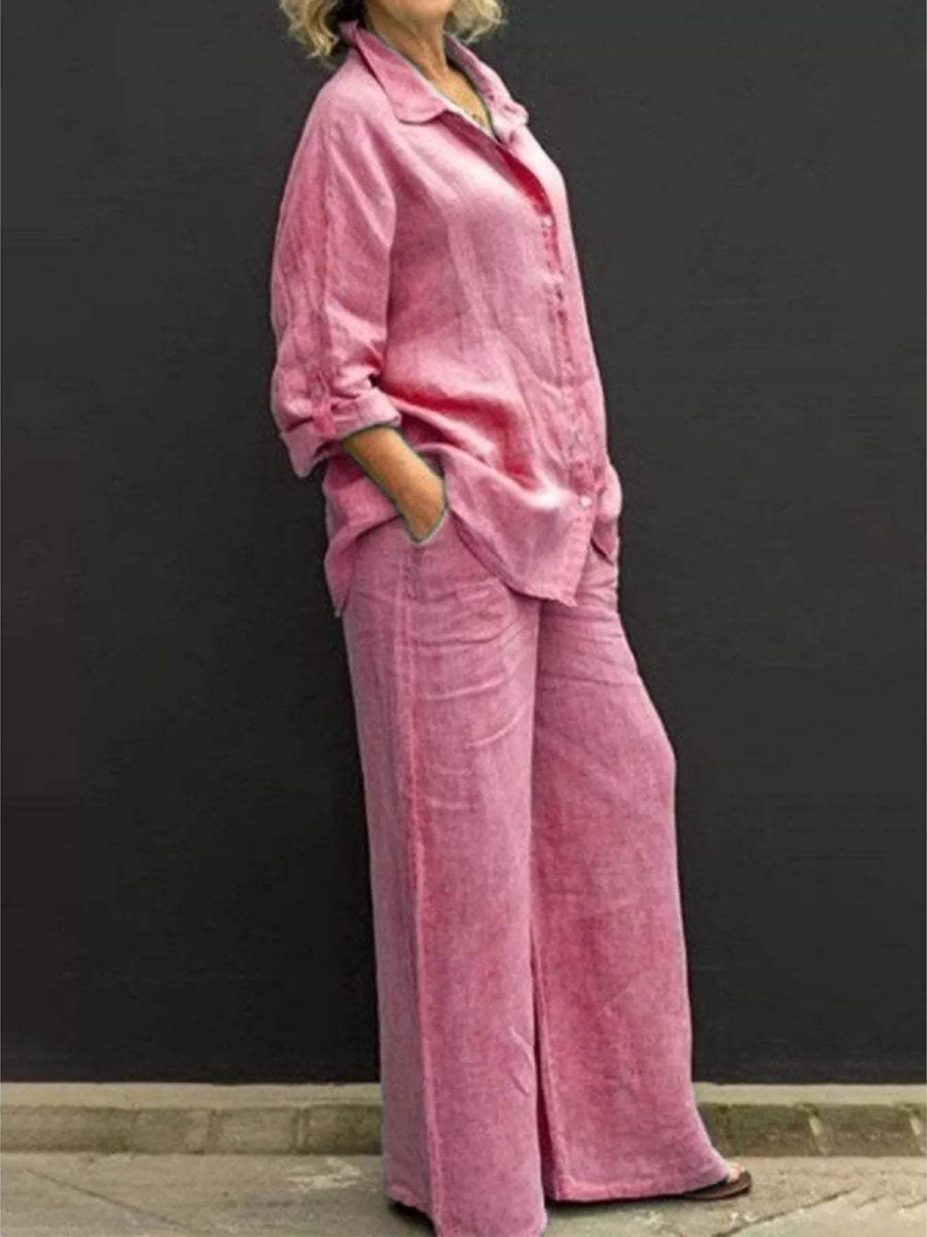 Full Size Long Sleeve Shirt and Pants Set Plus Size - Trendsi - Flyclothing LLC