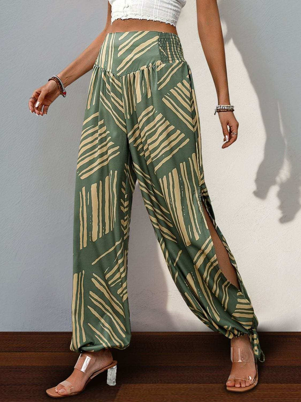 Smocked Slit Printed High Waist Pants - Trendsi - Flyclothing LLC