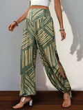 Smocked Slit Printed High Waist Pants - Trendsi