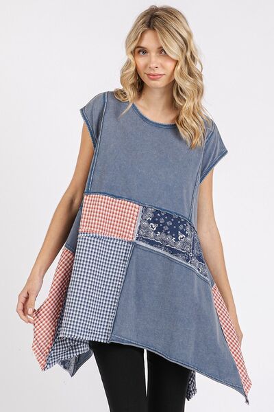 Mittoshop Patchwork Mineral Washed Round Neck Cap Sleeve Top - Trendsi