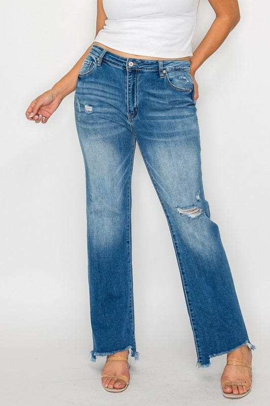 bytos Full Size Raw Hem Distressed Mid Rise Straight Jeans - Trendsi - Flyclothing LLC