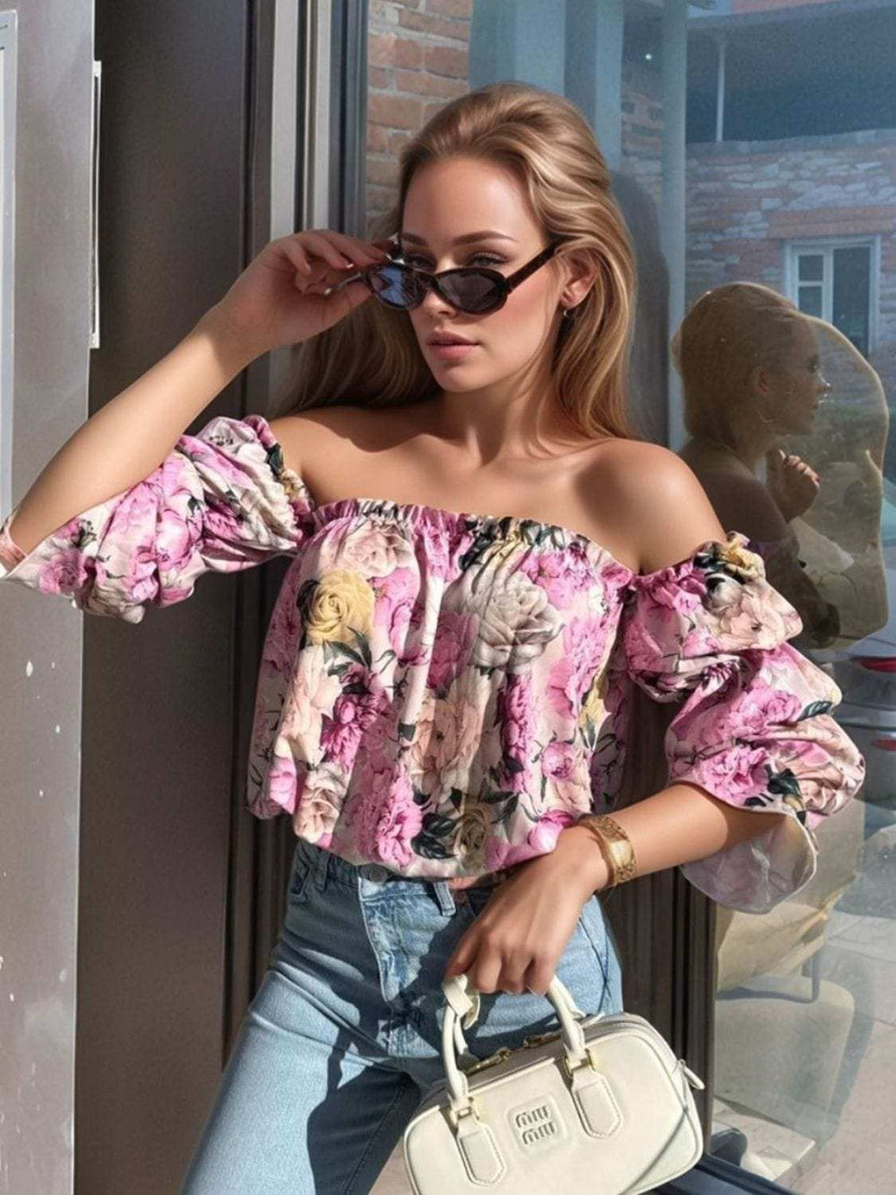 Printed Off-Shoulder Flounce Sleeve Blouse - Trendsi - Flyclothing LLC