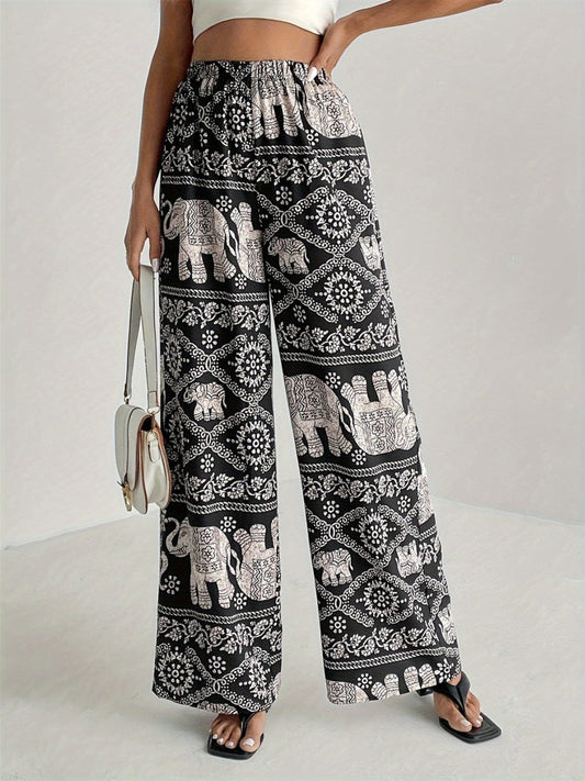 Printed Wide Leg Elastic Waist Pants - Trendsi