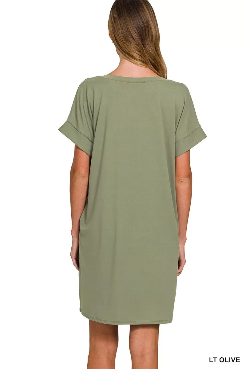 Zenana Brushed Dty Rolled Short Sleeve V-Neck Dress - Trendsi - Flyclothing LLC