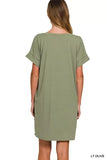 Zenana Brushed Dty Rolled Short Sleeve V-Neck Dress - Trendsi - Flyclothing LLC