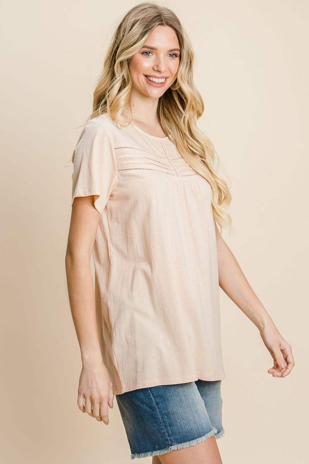 Cotton Bleu by Nu Label Eyelet Round Neck Short Sleeve T-Shirt - Trendsi - Flyclothing LLC