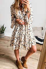 Leopard Notched Long Sleeve Tiered Dress - Trendsi