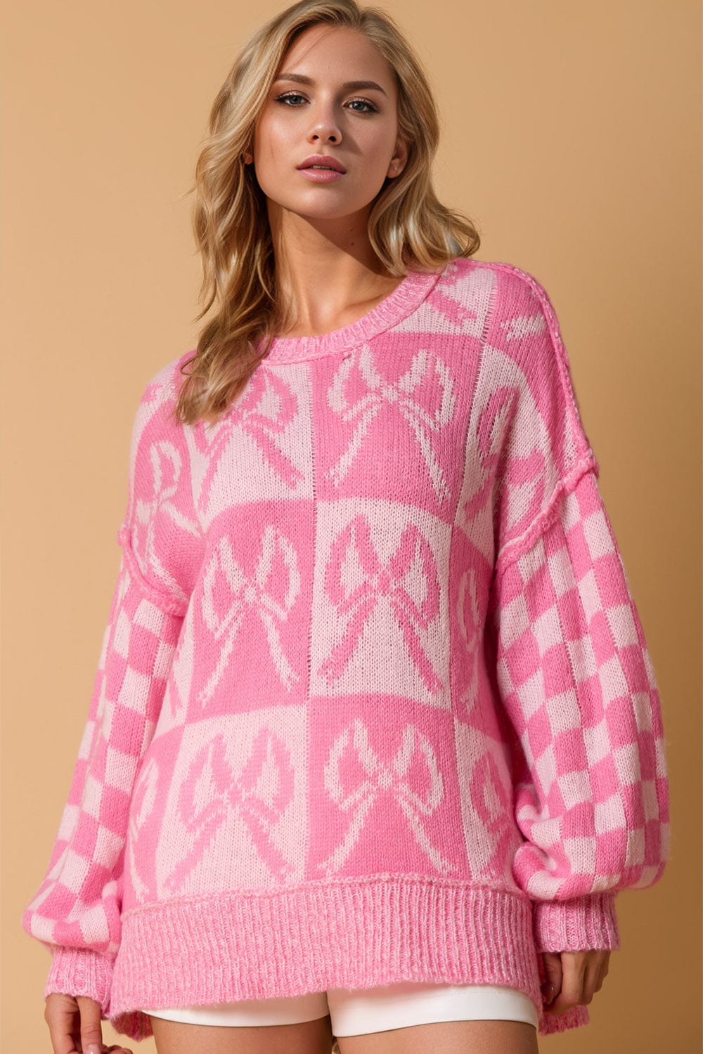 Double Take Full Size Checkered Bow Contrast Long Sleeve Sweater - Trendsi