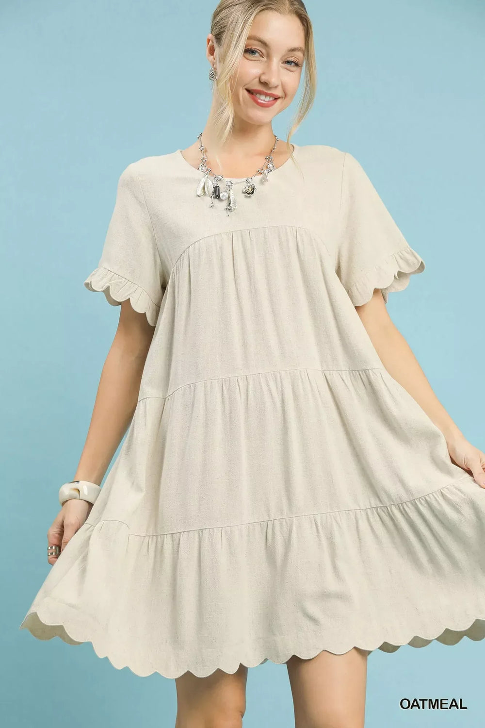 Umgee Linen Tiered Babydoll Dress with Ruffle Sleeves - Trendsi - Flyclothing LLC