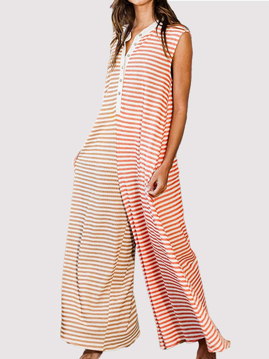 Striped Round Neck Sleeveless Jumpsuit - Trendsi - Flyclothing LLC