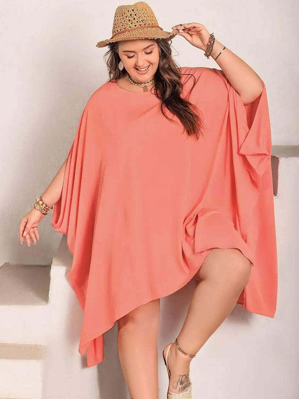 Plus Size Round Neck Batwing Sleeve Mini Dress - Trendsi - Flyclothing LLC
