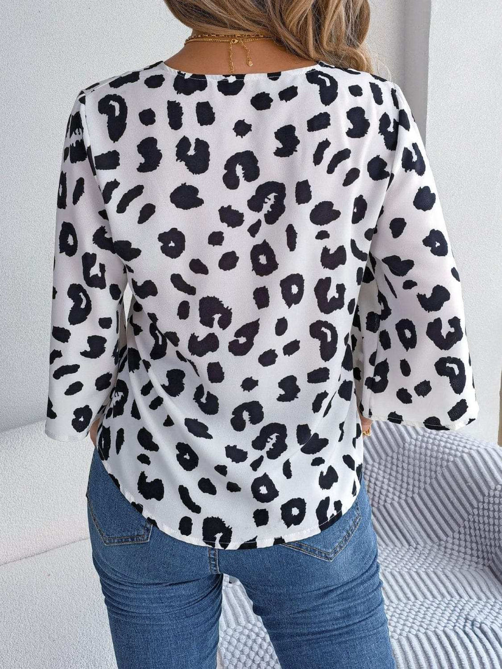 Tied Button Up Leopard V-Neck Blouse - Trendsi - Flyclothing LLC