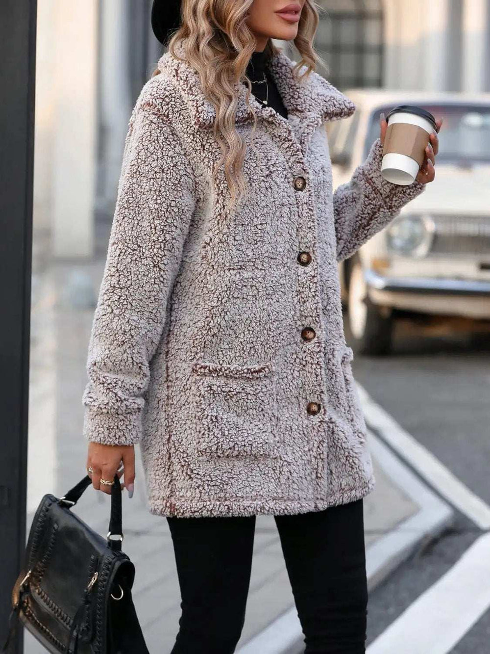 Pocketed Collared Neck Long Sleeve Plush Jacket - Trendsi - Flyclothing LLC