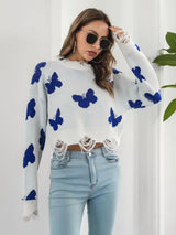 Distressed Butterfly Cropped Sweater - Trendsi - Flyclothing LLC
