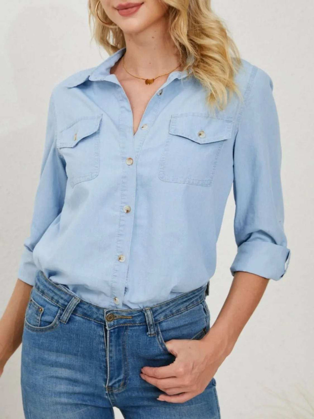 Pocketed Button Up Long Sleeve Denim Shirt - Trendsi - Flyclothing LLC