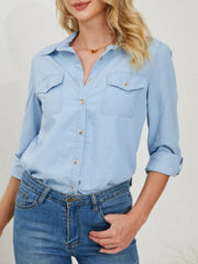Pocketed Button Up Long Sleeve Denim Shirt - Trendsi