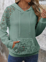 Lace Detail Drawstring Long Sleeve Hoodie - Trendsi - Flyclothing LLC