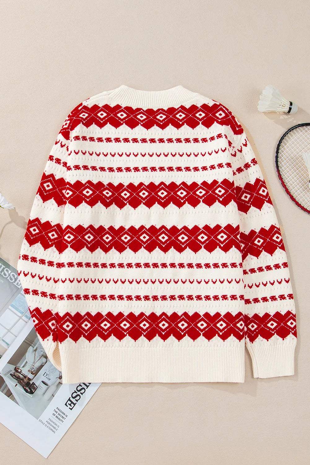 Geometric Round Neck Dropped Shoulder Sweater - Trendsi - Flyclothing LLC