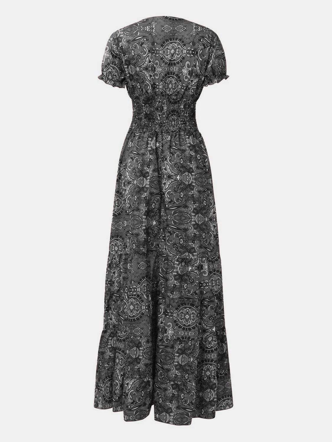 Full Size Smocked Printed V-Neck Short Sleeve Dress - Trendsi - Flyclothing LLC