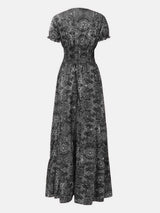 Full Size Smocked Printed V-Neck Short Sleeve Dress - Trendsi - Flyclothing LLC