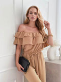 Ruffled Off-Shoulder Wide Leg Jumpsuit - Trendsi
