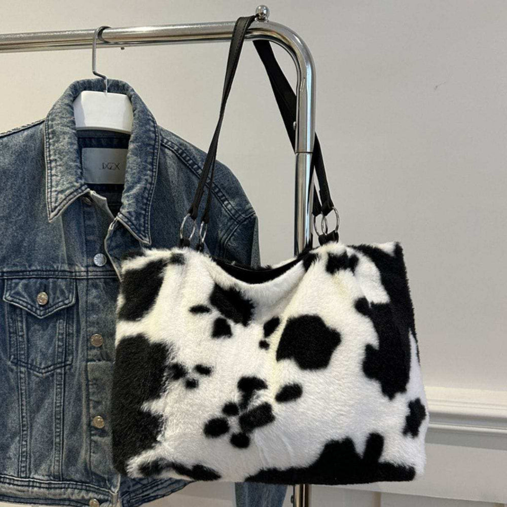 Cow Print Furry Tote Bag - Trendsi - Flyclothing LLC