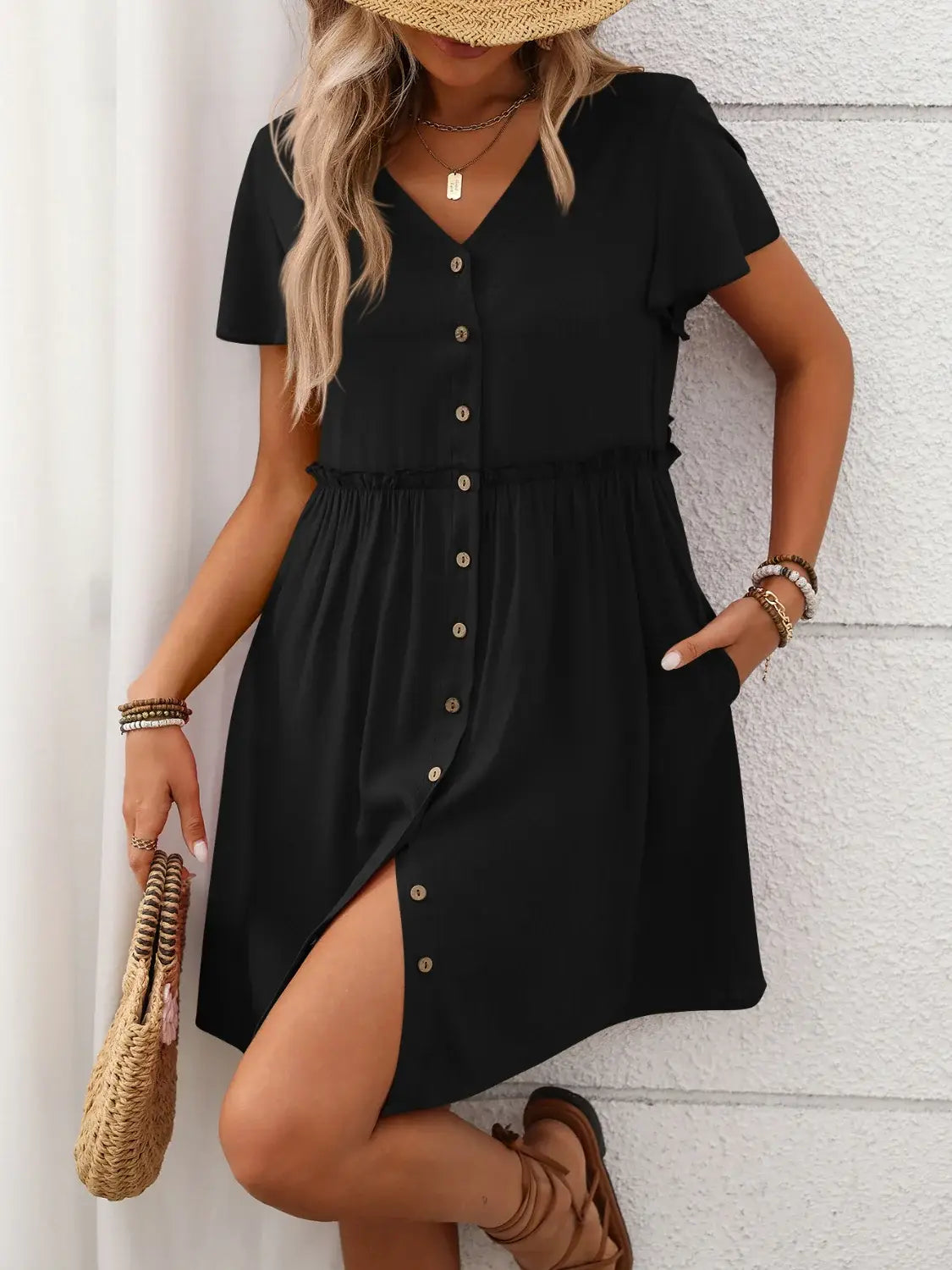 Button Front Flutter Sleeve Dress - Trendsi - Flyclothing LLC