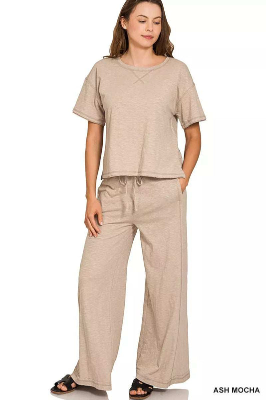 Zenana Cotton Slub Short Sleeve Tee and Pants Set - Trendsi - Flyclothing LLC