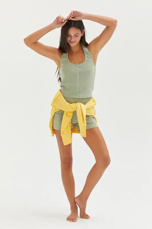 HYFVE Halter Neck Buttoned Washed Top - Trendsi - Flyclothing LLC