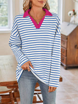 Striped Johnny Collar Long Sleeve T-Shirt - Trendsi - Flyclothing LLC
