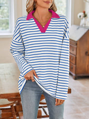 Striped Johnny Collar Long Sleeve T-Shirt