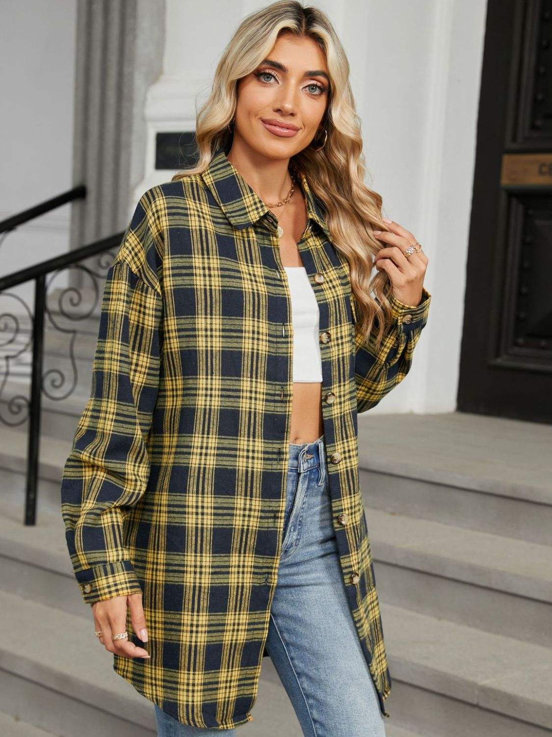 Plaid Collared Neck Long Sleeve Shirt - Trendsi - Flyclothing LLC