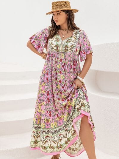 Plus Size Floral Tie Neck Flutter Sleeve Maxi Dress - Trendsi