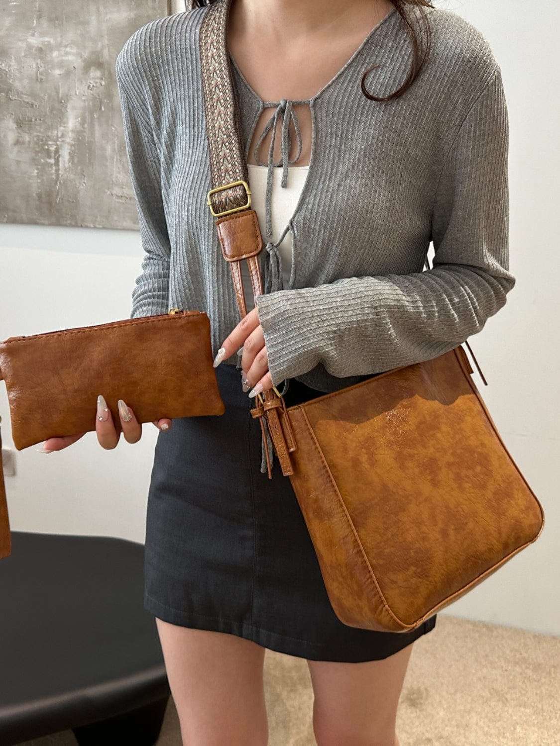 PU Leather Adjustable Strap Crossbody Bag with Pouch - Trendsi