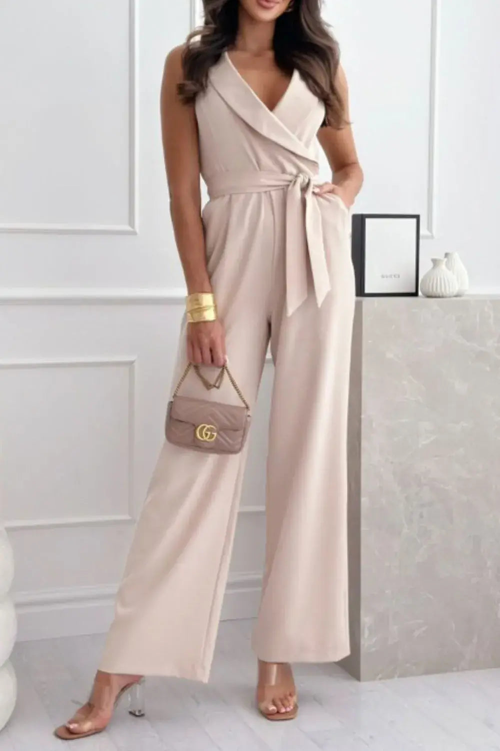 Surplice Sleeveless Wide Leg Jumpsuit - Trendsi - Flyclothing LLC